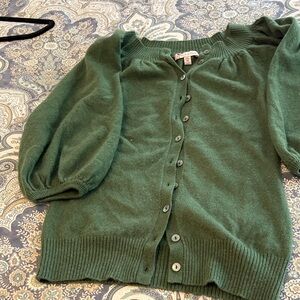 Talbots Forest Green Puff Sleeve Button-Front Cardigan